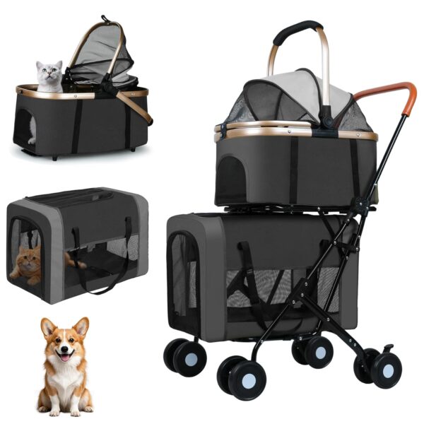 Double Pet Stroller for Dogs and Cats: Dog Stroller Foldable Travel Carriage with Detachable Carriers, Safety Belts, and 4 Lockable Wheels for Small to Medium Pets  Ideal for Multi-Pet Homes (Black)