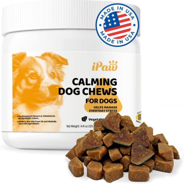 iPaw Calming Chews for Dogs, Calming Dog Treats, Separation Anxiety Relief Calming Care, Hemp-Free, All Natural Ingredients, Manage Everyday Stress for Puppy, Made in USA, Vegetable Flavor (50 Chews)