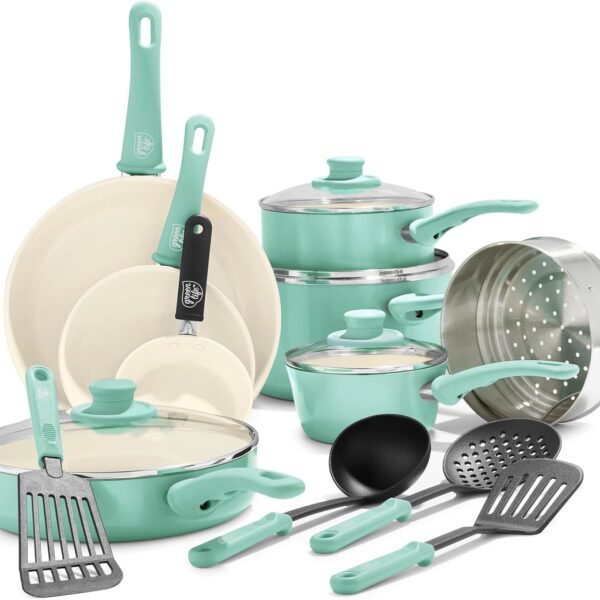 GreenLife Soft Grip 16 Piece Cookware Set, Non-Toxic PFAS-Free Ceramic Nonstick, Pots, Frying, Sauce, Saute, Glass Lids, Stay-Cool Handles, Wobble Free Bases, Dishwasher & Oven Safe, Turquoise