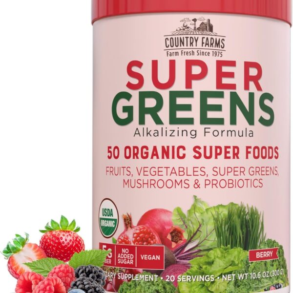 Country Farms Organic Super Greens Berry Flavor, 50 Organic Super Foods, Packed with Fiber, USDA Organic Drink Mix, Fruits, Vegetables, Mushrooms & Probiotics, Supports Energy, 5g Fiber