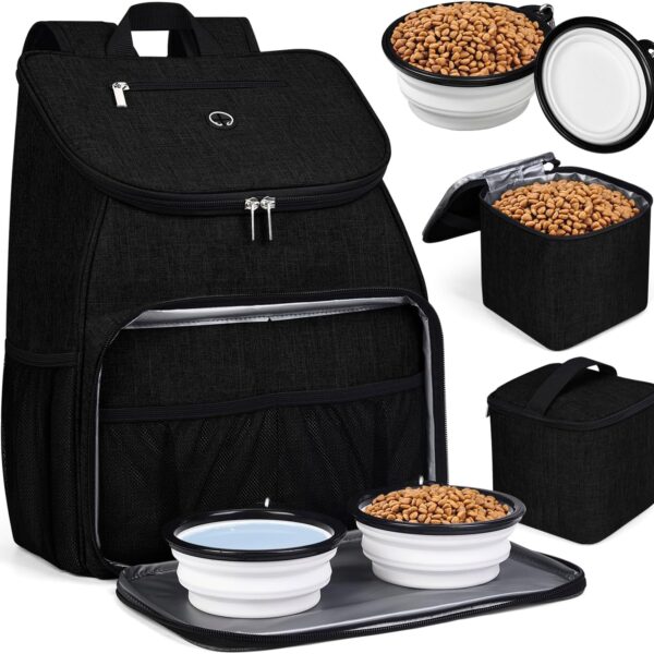 BAGLHERDog Travel Bag, Airline Approved Pet Supplies Backpack, Dog Travel Backpack Accessories Set with 2 Silicone Collapsible Bowls and 2 Food Baskets. Black