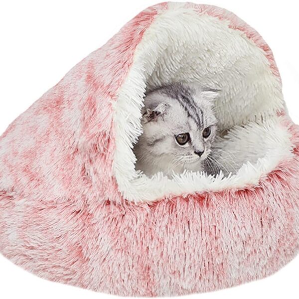 YUDANSI Cat Bed Hooded for Indoor Cats, Dog Bed with Large Covered Hood for Small Dogs Cats Puppy Kitty, Anti Anxiety Donut Cuddler, Anti Slip Plush Faux Fur Enclosed Pet Nest (Washable)(Pink-20inch)
