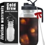 Cold Brew Mason Coffee Maker - 64oz Iced Coffee Pitcher with Stainless Steel Mixing Spoon & Super Dense Filter 3 Steps Finish Cold Brew Coffee, Classic BPA Free Sturdy Mason jar Pitcher Easy to Clean