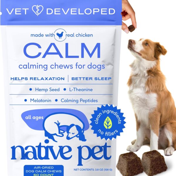 Native Pet Calming Chews for Dogs - Melatonin for Dogs Anxiety Relief - Grain Free All Natural Hemp Calming Treats & L-Theanine Helps Manage Stress & Separation Anxiety - Puppy Sleep Aid - 60 Chews