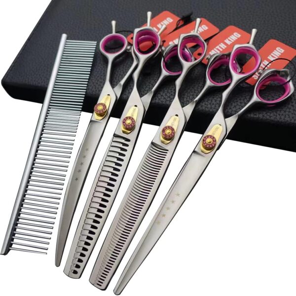 Professional Dog Grooming Shears Set Dogs Straight & thinning & Curved scissors & chunkers Scissorswith comb in 1 Set for Right-handed & Left-handed (8.0 Silvery right-handed)