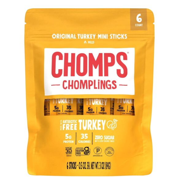 CHOMPS MINI Free Range Turkey Jerky Meat Snack Sticks, Original Turkey, 0.5 Ounce (Pack of 6)