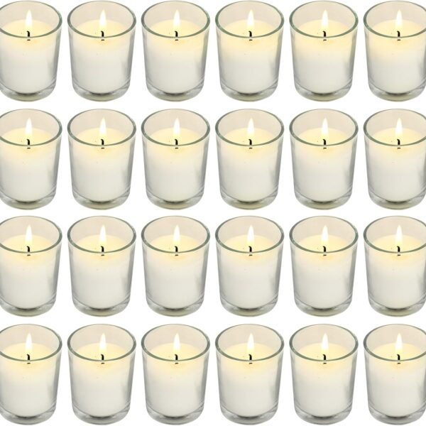 Soft Breeze 24 Pack Ivory Unscented Votive Glass Candles for Wishing, Hydrotherapy, Wedding, Birthday, Holiday, Party