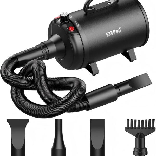 EGFKI Dog-Hair-Dryer, 5.2HP/ 3800W High Velocity Pet Blow Dryer with Heater for Grooming, Speed Temperature Adjustable Dog Blower Grooming Dryer with 4 Nozzles