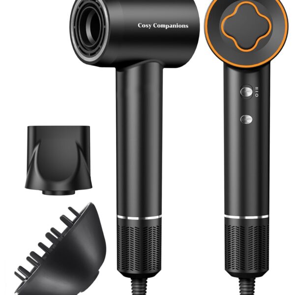 Cosy Companions High-Speed Ionic Hair Dryer, 150000 RPM Brushless Motor for Fast Drying, Low Noise Blow Dryer Reduces Frizz & Heat Damage, Lightweight Hair Dryer with Diffuser & Nozzle
