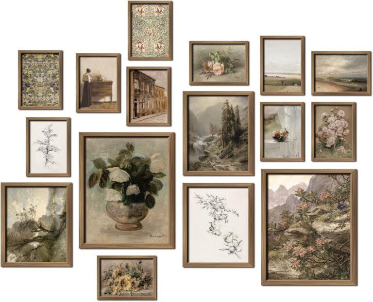 16 PCS Framed Vintage Wall Art Decor, French Country Farmhouse Gallery Wall Frame Set Prints for Bedroom Bathroom, Rustic Landscape Posters for Living Room Aesthetic, Cottagecore Dorm Home Collage Kit