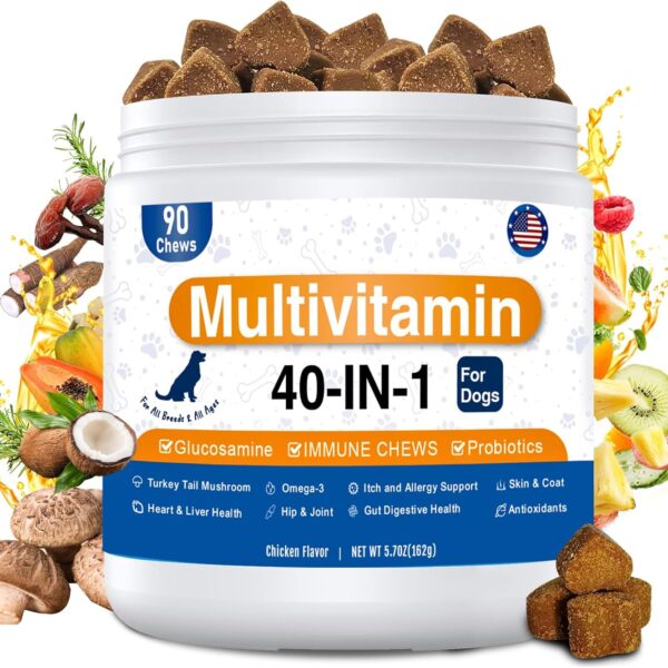 40-in-1 Dog Vitamins and Supplements, Dog Multivitamin Chewable with Glucosamine MSM - Turkey Tail Mushroom, Digestive Enzymes Gut Probiotics, Hip & Joint, Omega-3 Skin & Coat Eyes Immune Support