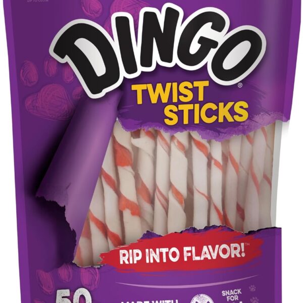 Dingo Twist Sticks 50 Count, Premium Rawhide Treats For Dogs Made with Real Chicken 50-Count