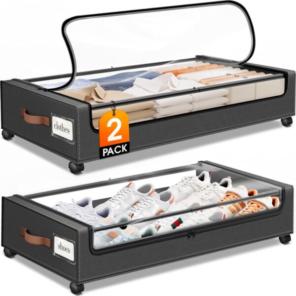Under Bed Storage with Wheels 2Pack Storage Containers with Clear Window&Label Under Bed Drawers Rolling Under Bed Storage for Clothes,Shoes, Blankets (30.71 x 16.93 x 6.69 in, Dark Grey)