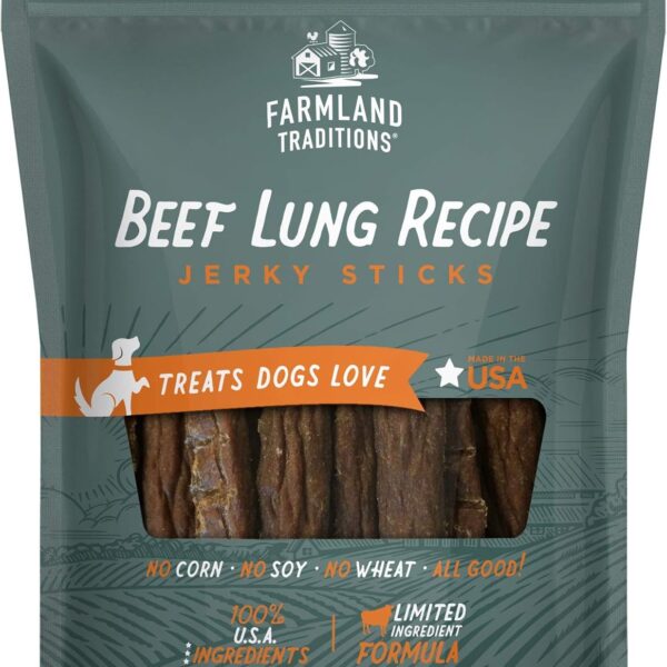 Farmland Traditions Beef Lung Recipe Jerky Dog Treats, High-Protein Dog Jerky Sticks, Wheat-Free & Made in USA for All Breeds & Sizes, 8.2 Oz Bag (Pack of 6)