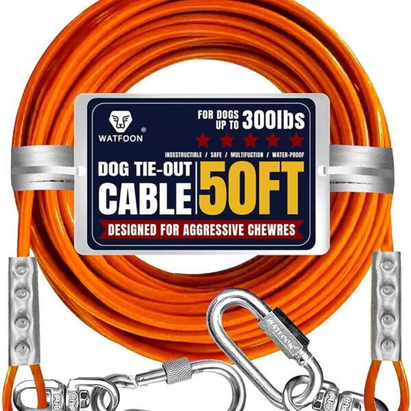 Tie Out Cable for Dogs Up to 300lbs,50ft Extra Strong 1000lbs Break Strength Tie-Out Tether Trolley Training Lead,Dog Run Cable for Yard Garden Park Camping Outside (Orange, 300lbs 50ft)