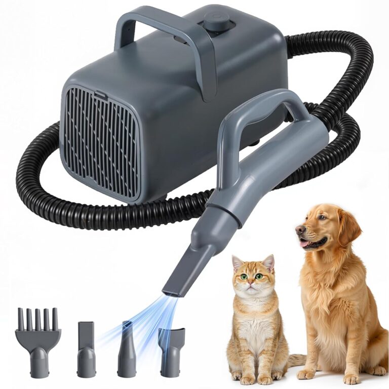 DUMOS Dog Blow Dryer Grooming Vacuum Kit, Cat Dog Hair Dryer with Adjustable Wind Speed & Heater Temperature, Cool-Warm-Hot Cycle Mode, 4 Nozzles, 6.5FT Cord for Low Noise Pet Hair Remover - Grey