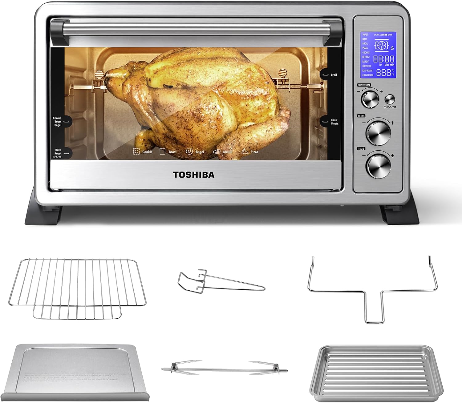 TOSHIBA AC25CEW-SS Large 6-Slice Convection Toaster Oven Countertop, 10-In-One with Toast, Pizza and Rotisserie, 1500W, Stainless Steel, Includes 6 Accessories TOSHIBA AC25CEW-SS Large 6-Slice Convection Toaster Oven Countertop, 10-In-One with Toast, Pizza and Rotisserie, 1500W, Stainless Steel, Includes 6 Accessories