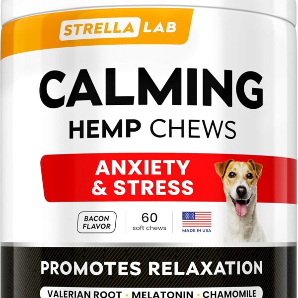 Advanced Calming Chews for Dogs - Hemp Chews and Melatonin - Anxiety Relief - Sleep Aid - Relaxing Treats - Stress Relief During Fireworks, Storms, Thunder, Barking - Made in USA - Bacon - 60ct