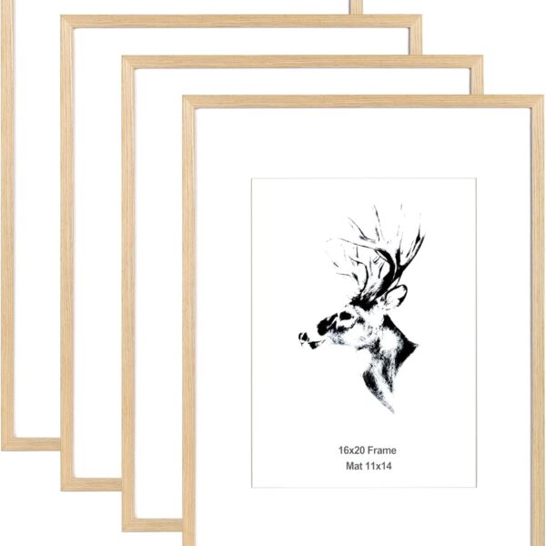 Yaetm 16x20 Picture Frame Matted to 11x14 Set of 4, Natural Solid Oak Wood 16x20 Frame for Gallery Wall, Photos, Posters & Art Prints, Horizontal and Vertical Wall Mount (4 pack, Oak)