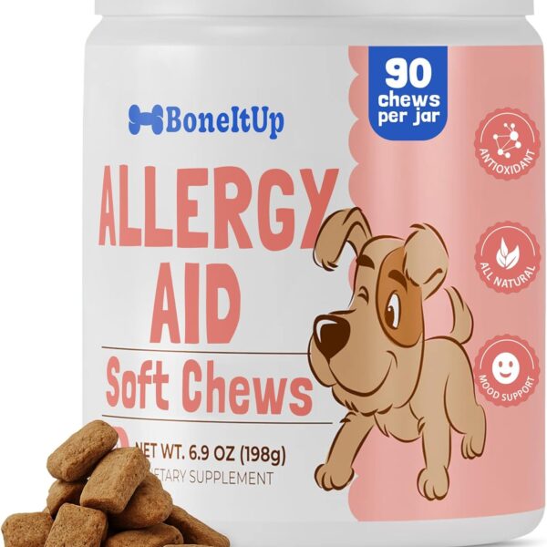 BoneItUp Soft Dog Allergy Chews for Itching, Sneezing, Paw Licking, Seasonal Allergies - Essential Omega-3, Turmeric & Quercetin for Dogs Allergies - Daily Immune & Digestive Dog Allergy Treats (90ct)