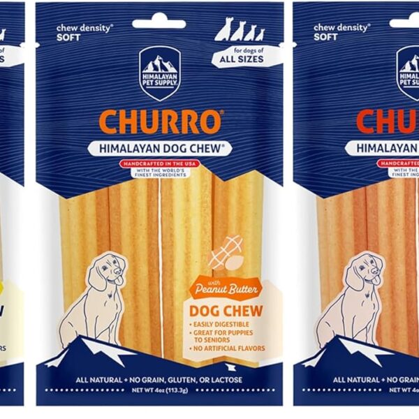 Himalayan Churro Cheese Treats Variety Pack - 3 Total Flavors: Chicken, Bacon, Peanut Butter | Lactose Free | Gluten Free | Grain Free | USA Made | for All Breeds | Original Cheese Flavor