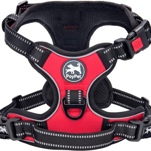 PoyPet No Pull Dog Harness, No Choke Front Clip Dog Reflective Harness, Adjustable Soft Padded Pet Vest with Easy Control Handle for Small to Large Dogs(Red,M)