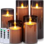 Homemory Gray Flickering Flameless Candles, Battery Operated Acrylic LED Pillar Candles with Remote Control and Timer, Halloween Decor, Set of 5