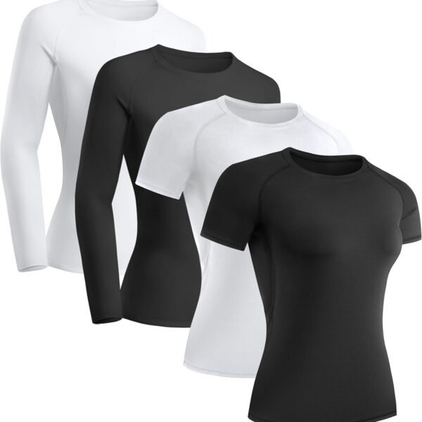 TELALEO 4 Pack Women's Compression Shirt Long/Short Sleeve Performance Workout Baselayer Athletic Top Gym Sports Gear