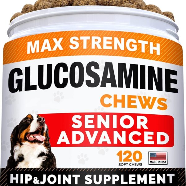 Senior Advanced Glucosamine Chondroitin Joint Supplement for Dogs - Hip & Joint Pain Relief Pills - Large & Small Breed - Hip Joint Chews Canine Joint Health - Chews Older Dogs - Bacon Flavor-120Ct