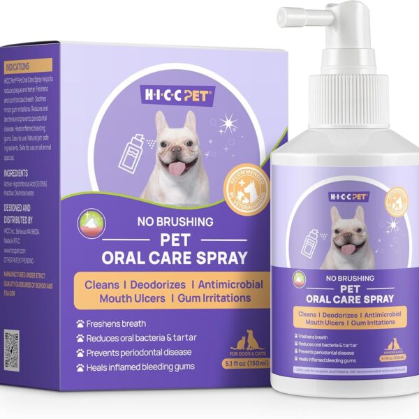 HICC PET Dog Dental Care Spray, Vet-Recommended Breath Freshener & Teeth Cleaning Spray, Eliminate Bad Breath, Relieve Gum Redness & Infections, Reduce Plaque & Tartar, No Brushing, 5.1 Fl Oz