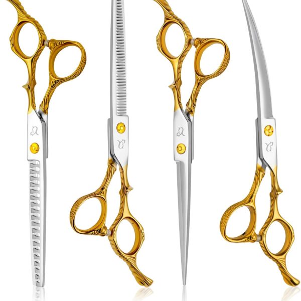 Dog Grooming Scissors,Chunkers Shears and Thinning Shears with Safety Round Tips, Sharp and Comfortable 4 in 1 Dog Scissors for Grooming
