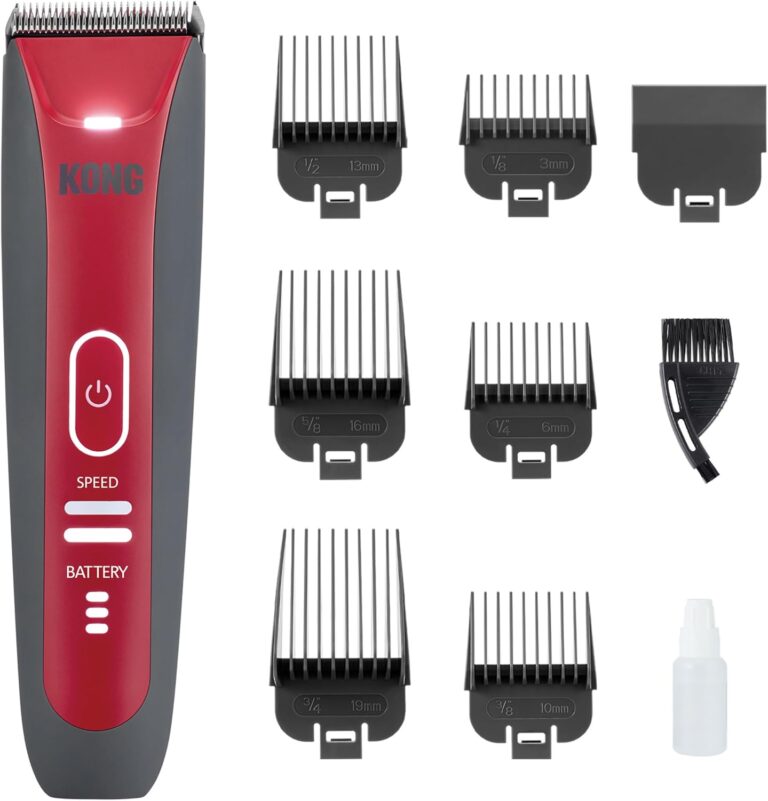 Kong 2-Speed Cordless-Corded Dog Clipper Kit  Stainless Steel Blade, Waterproof, LED Spotlight, Use-While-Charging, 6 Guide Combs, Ergonomic Handle  Red/Gray, Medium Coat Types