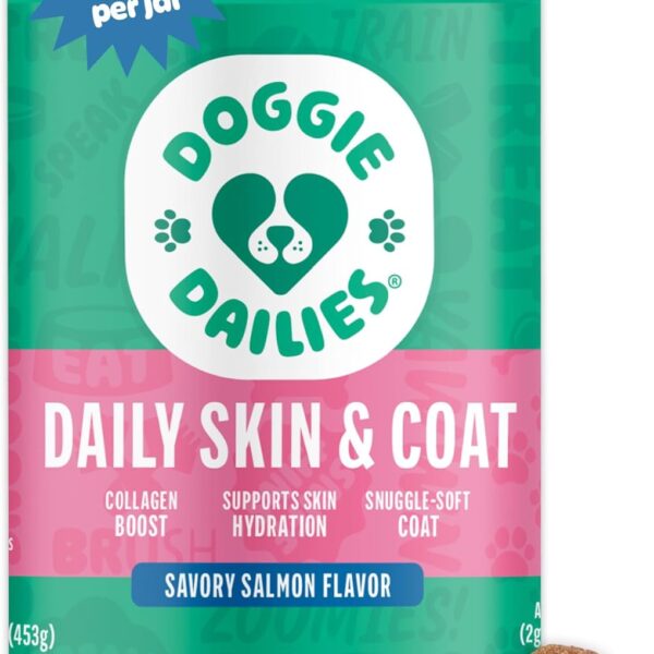 Doggie Dailies Skin & Coat Supplement Support, Salmon Oil for Dogs Skin and Coat with Collagen, Omega 3, Krill Oil, Biotin, & Coconut Oil for Dogs (Salmon) 225 Soft Chews