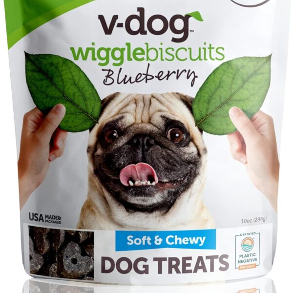 V-dog Vegan Soft and Chewy Wiggle Dog Biscuits - Dog Training Treats - Small, Medium and Large Breeds - Natural Blueberry Flavor Superfoods - 10 Ounce - All Natural - Made in The USA