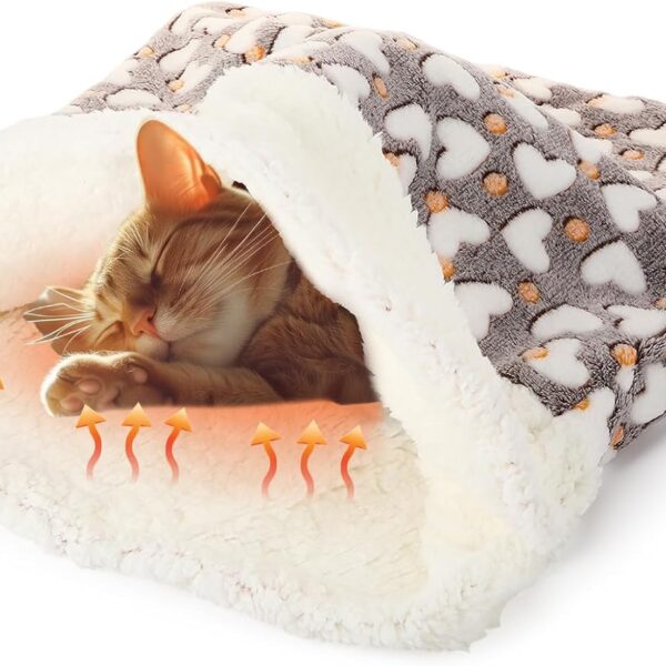 Self Heating Cat Sleeping Bag Indoor Self Warming Cat Bed Cave Heated Pad Cozy Soft Winter Washable Wrap Pet Snuggle Sack Pouch for Puppy Dog Kitten, 24 x 21 Inch(Cute,Gray)