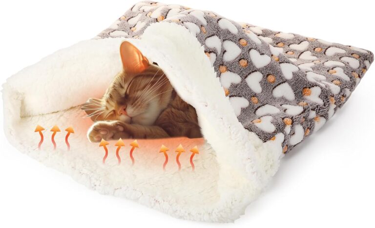 Self Heating Cat Sleeping Bag Indoor Self Warming Cat Bed Cave Heated Pad Cozy Soft Winter Washable Wrap Pet Snuggle Sack Pouch for Puppy Dog Kitten, 24 x 21 Inch(Cute,Gray)