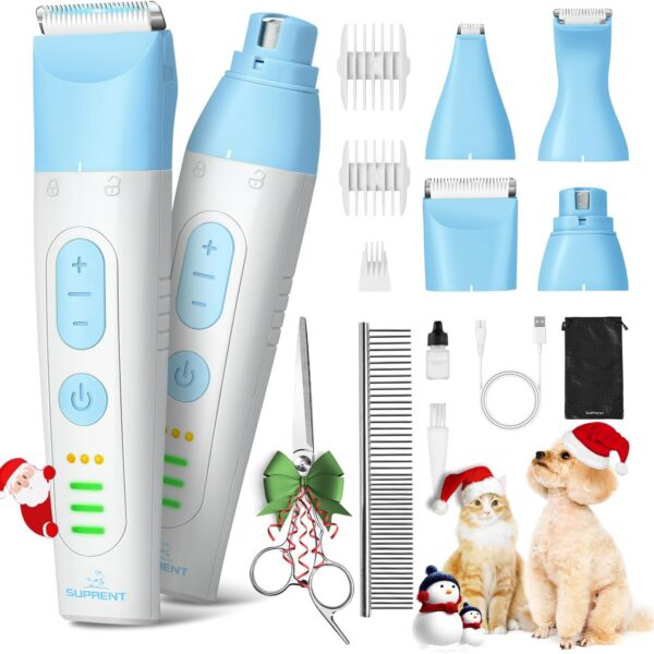 SUPRENT Dog Grooming Kit, 4 in 1 Quiet Pet Clippers for Grooming Supplies, Cordless Cat Paw Trimmer Dog Nail Grinder, Professional Long Hair Shaver Set for Cat Matted Hair and Small Dogs Blue
