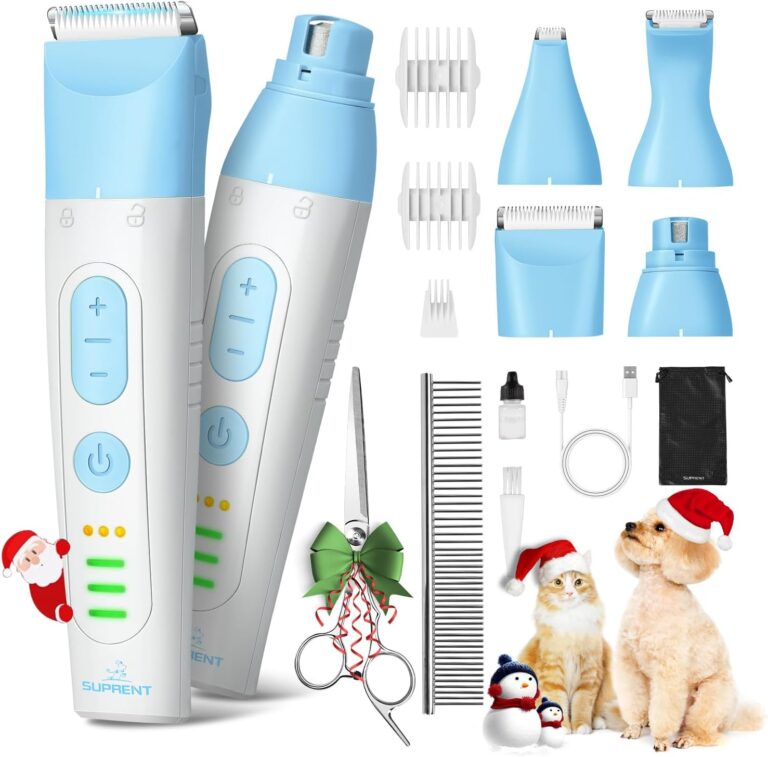SUPRENT Dog Grooming Kit, 4 in 1 Quiet Pet Clippers for Grooming Supplies, Cordless Cat Paw Trimmer Dog Nail Grinder, Professional Long Hair Shaver Set for Cat Matted Hair and Small Dogs Blue
