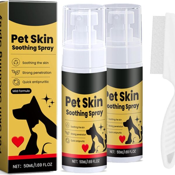 Pet Skin Treatment Spray for Dogs & Cats - Hot Spot Spray for Itch Relief, Allergies & Dry Skin | Nature Soothing Solution Formula | Stops Scratching & Licking Fast of Pet,2-Pack + Comb