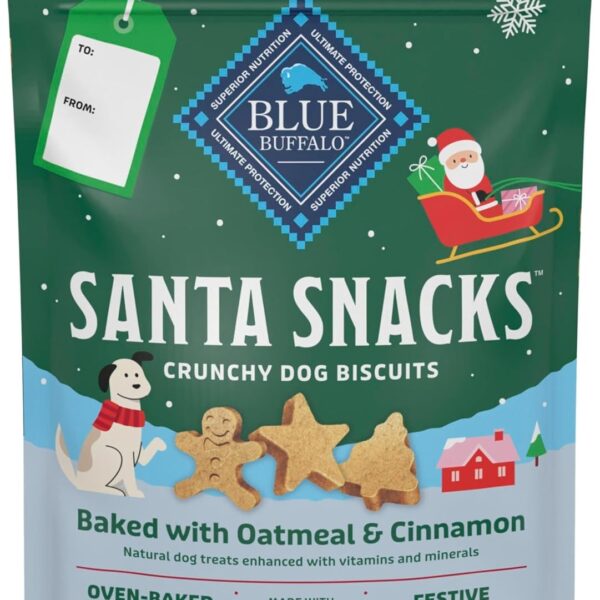 Blue Buffalo Santa Snacks Crunchy Dog Biscuits, Oven-Baked With Natural Ingredients, Oatmeal & Cinnamon, 11-oz Bag