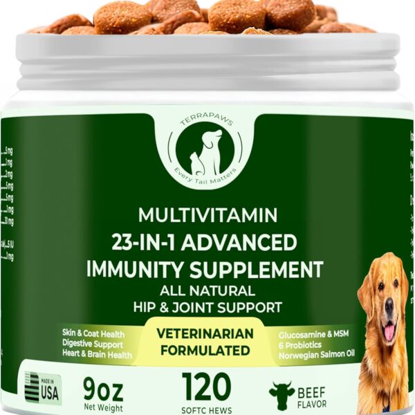23-in-1 Multivitamin for Dogs  Soft Chews with Glucosamine, Chondroitin, MSM, Probiotics, Cranberry, Biotin, Zinc, Salmon Oil, Vitamins B, C, E  Hip & Joint, Skin, Digestive & Immune Support