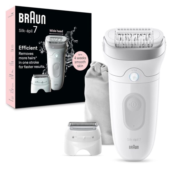 Braun Epilator Silk-pil 7, Hair Removal Device, Women Shaver & Trimmer, Wet and Dry, Wide Head, Includes Shaver Head and Trimmer Comb, SE7-041, Silver, Holiday Gifts for Women