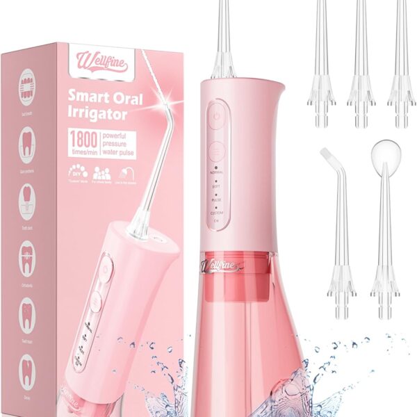 Water Dental Flosser Teeth Pick: Portable Cordless 4 Modes Flossers Pic 300ML Rechargeable Floss Pik Powerful IPX7 Waterproof Oral Irrigator for Cleaning Gum Care Braces for Home Travel (02_Pink)