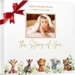 Baby Book Keepsake - Timeless Baby Memory Book for Boy or Girl I First 5 Year I Faux Leather, Gender Neutral, Safari Theme w/Gold Foil Stamp - Baby First Year Book Journal Scrapbook Photo Album Shower