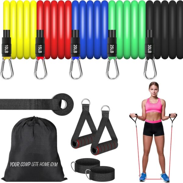 Resistance Bands Set, Workout Bands with Handles, Door Anchor, Ankle Straps and Carry Bag, Exercise Bands for Shape Body and Home Workouts