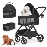 Beberoad Pets X-5 Luxury Pet Stroller for Medium Dog Under 55lbs or 2 Small Dogs & Cats, One-Touch Folding, Adjustable Handle and Detachable Carrier (Black & Net Wall)