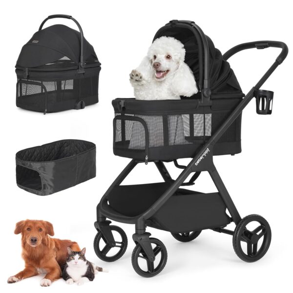 Beberoad Pets X-5 Luxury Pet Stroller for Medium Dog Under 55lbs or 2 Small Dogs & Cats, One-Touch Folding, Adjustable Handle and Detachable Carrier (Black & Net Wall)