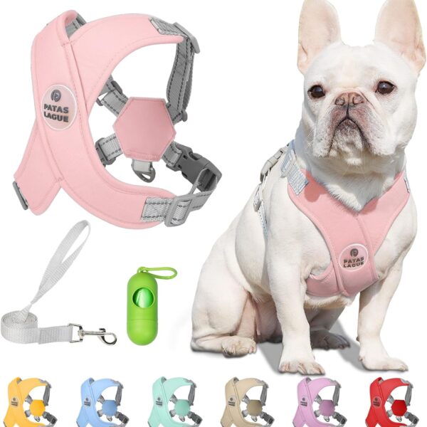 Patas Lague Dog Harness with Leash Set Adjustable Soft Padded Step-in Dog Vest No Choke No Pull Reflective for Medium Pets with Poop Bags and Dispenser, Solid and No-chew, Pink L