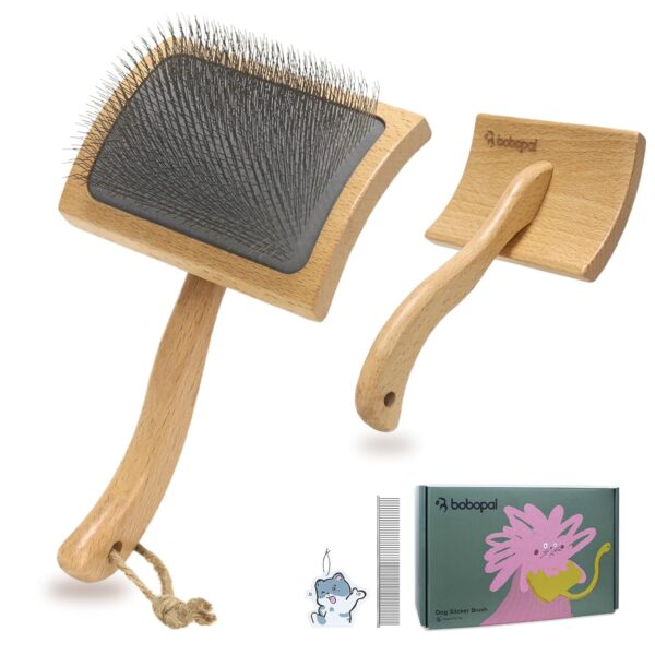 Bobopal Dog Slicker Brush for Shedding,Dog Brush for Long Haired Dogs & Remove Tangles & Mats,Ergonomic Handle Grooming Like Professional,Beech Wood,L