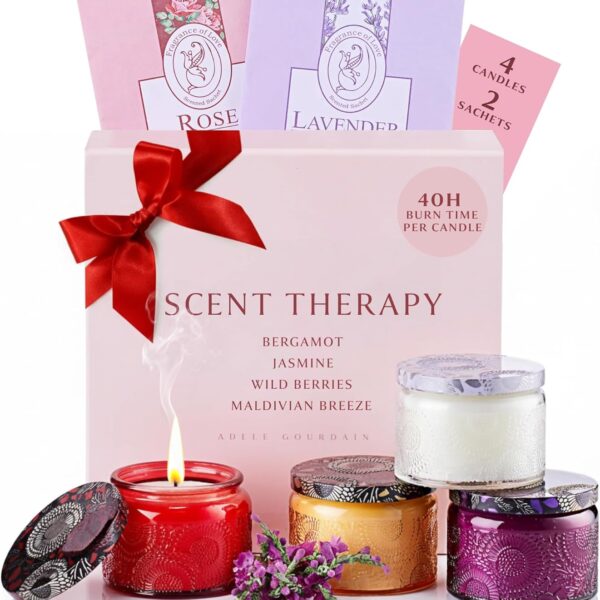 Aromatherapy Candle Set, 4 Candles and 2 Sachets Multicolor  Stress-Relief Scented Candles for Women, Spa Votives for Bath, Relaxation & Wellness Birthday Gift Idea